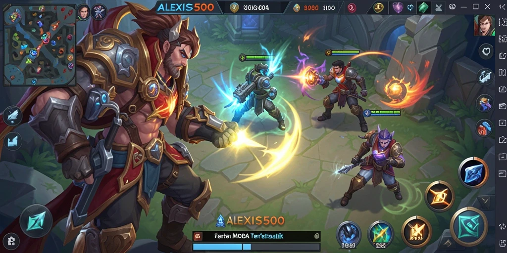 Gameplay ALEXIS500 yang penuh aksi dalam arena MOBA.
