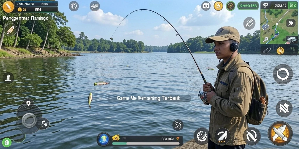 Screenshot OMPONG188 menampilkan pemain sedang asyik memancing di danau yang indah.