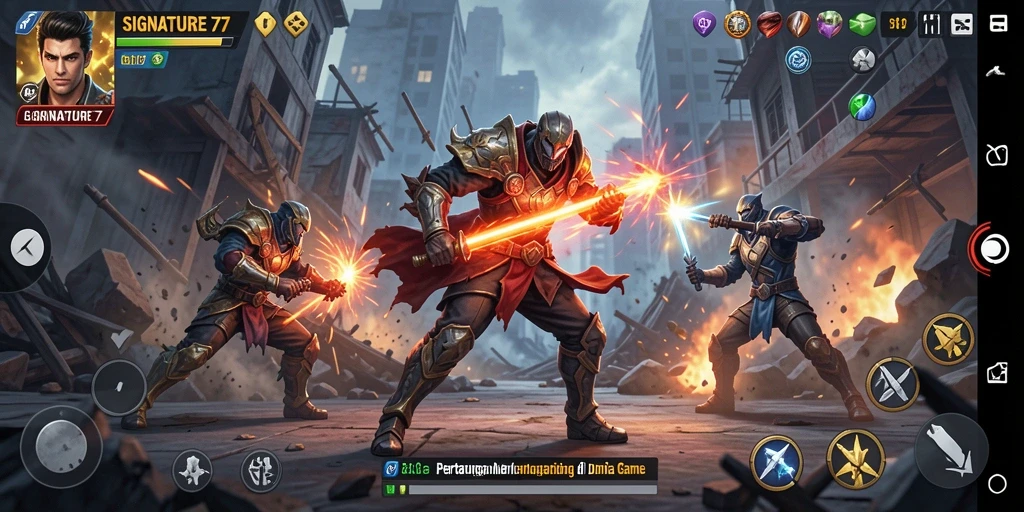 Tampilan gameplay SIGNATURE77 menampilkan aksi pertarungan yang mendebarkan.